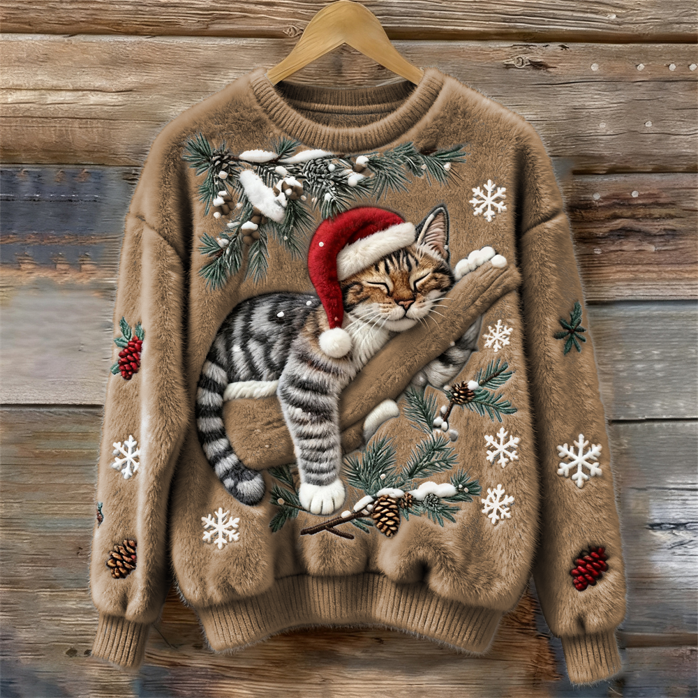 Tessa | Cosy Sweater with a Lazy Cat Khaki