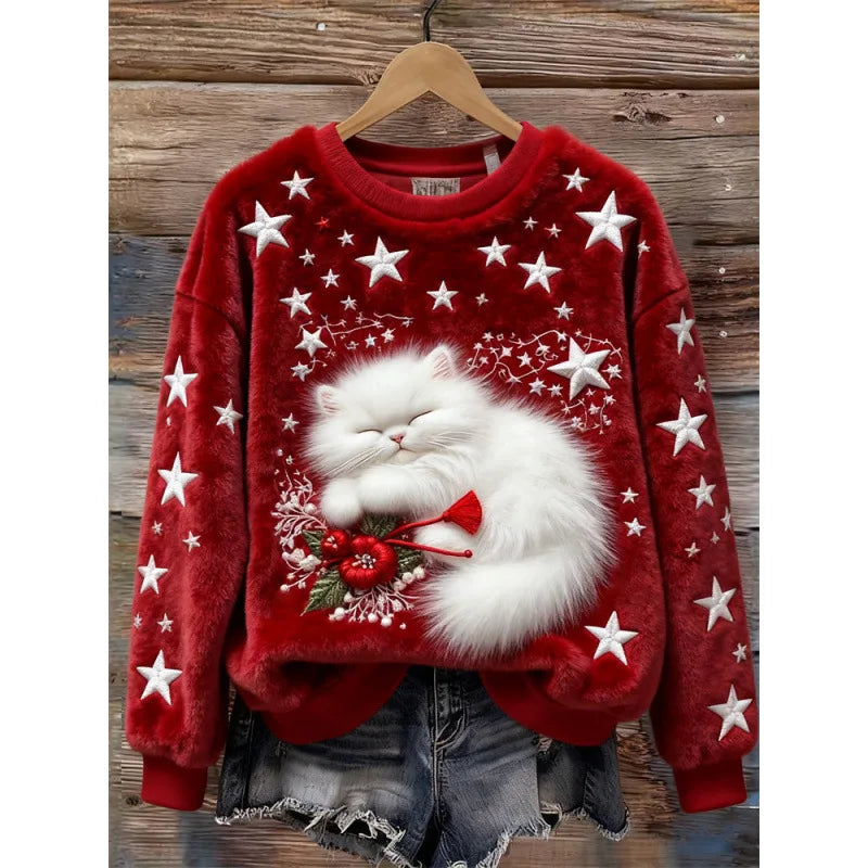 Cosy Winter Wonderland Sweater – Festive White Cat