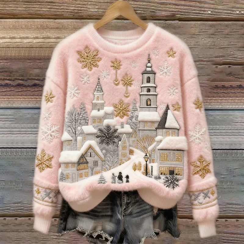 Cosy Winter Wonderland Sweater – Snowy Village Pink