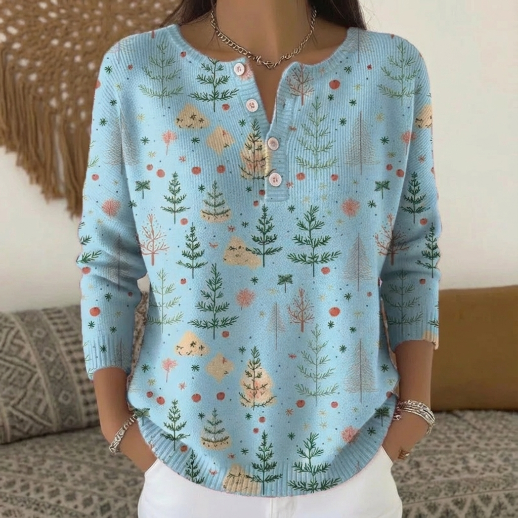 Skylar | Whimsical Christmas Tree Henley Cardigan