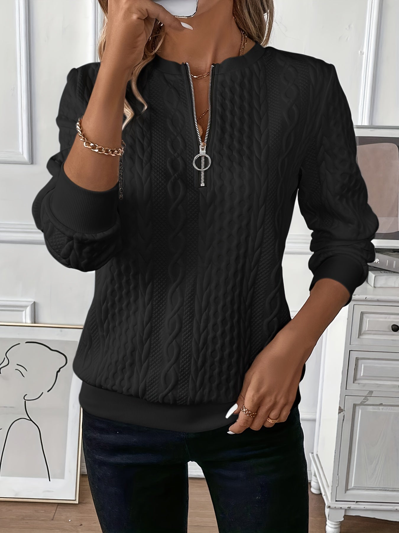 Aimee - Ladies' zip-up cable knit jumper