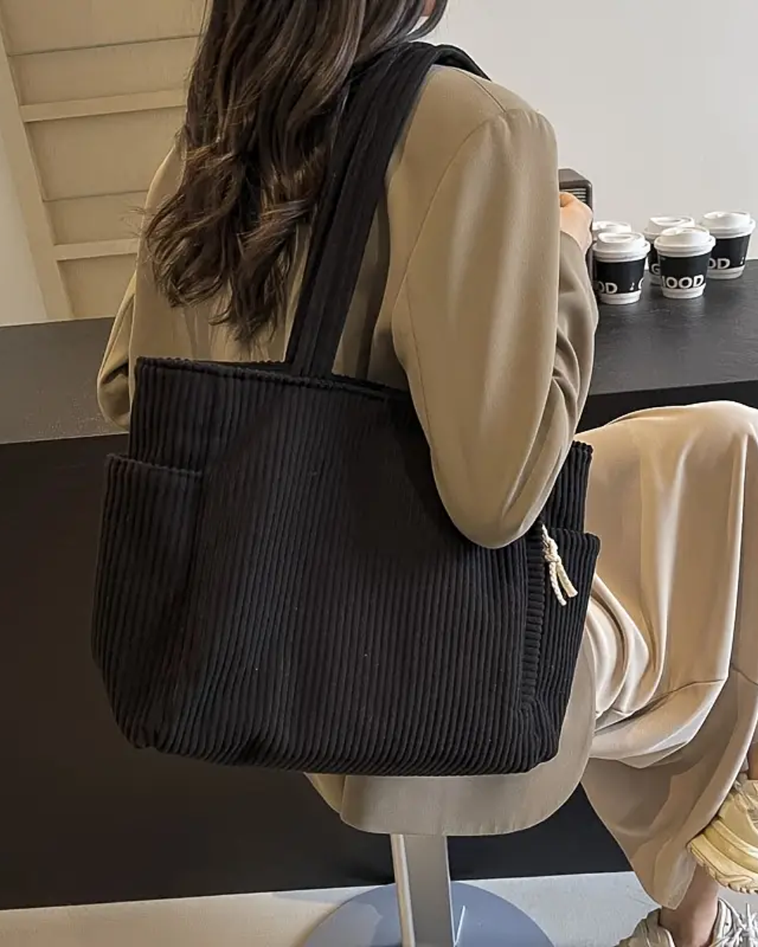 Skylar | Ribbed Tote Bag with Cord Detail
