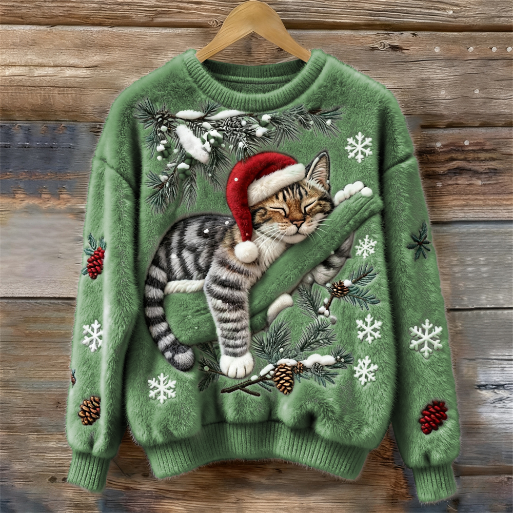 Tessa | Cosy Sweater with a Lazy Cat Green